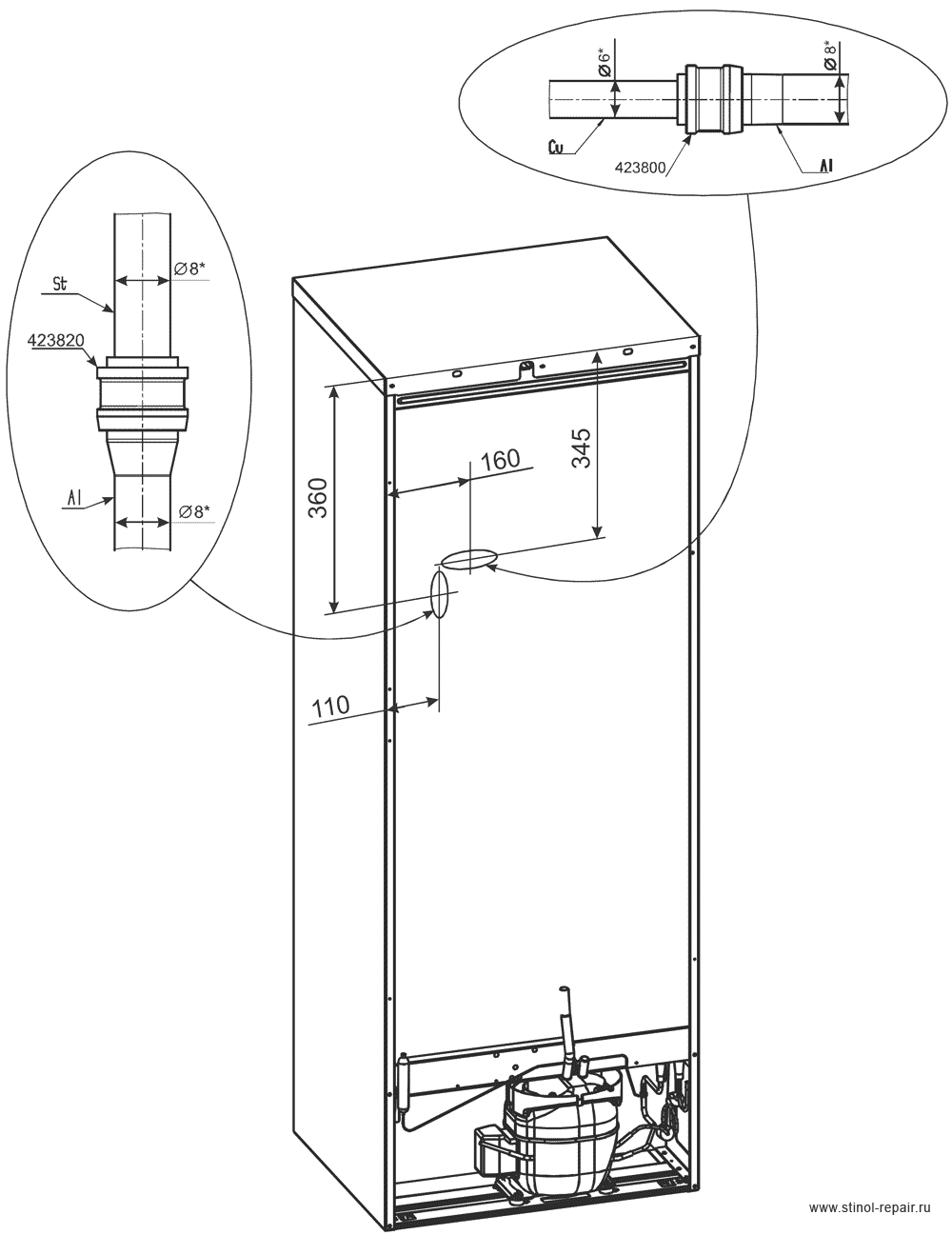 Расположение локринговых соединений холодильника Стинол-205Q - первоначальный вариант.