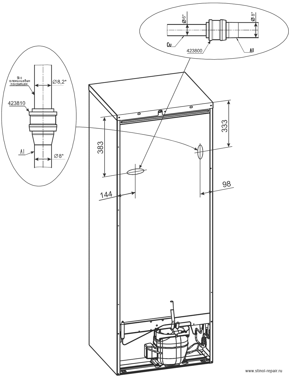 Расположение локринговых соединений холодильника Стинол-232Q - первоначальный вариант.